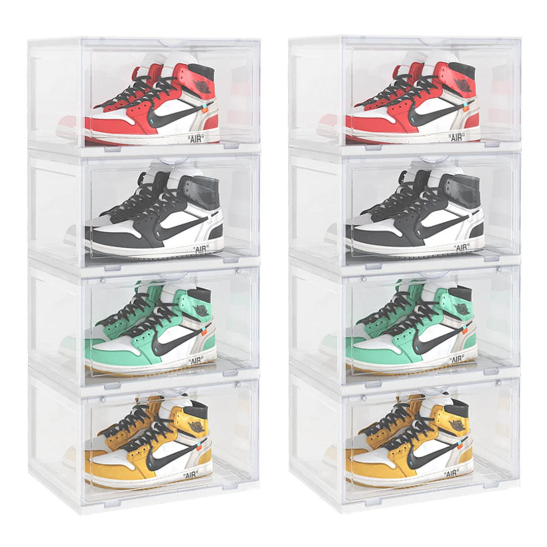 SOGA 2X 4 Tier Transparent Portable Shoe Organiser Sneaker Footwear Folding Plastic Bin Stackable Storage Box with Magnetic Door
