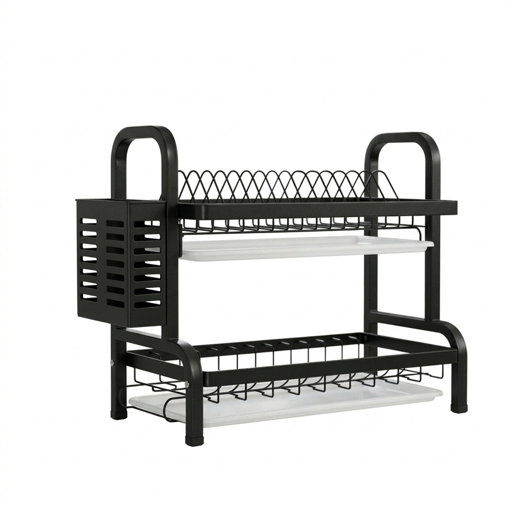 SOGA 2 Tier Steel Black Kitchen Countertop Drying Dish Rack Plate Cutlery Cutting Board Holder Dish Drainer Kitchen Organiser