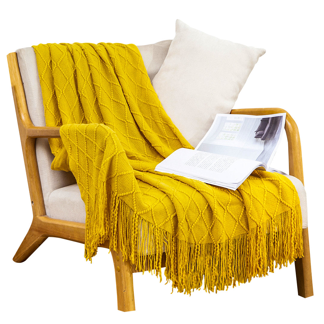 SOGA Yellow Diamond Pattern Knitted Throw Blanket Warm Cozy Woven Cover Couch Bed Sofa Home Decor with Tassels $ 83.50