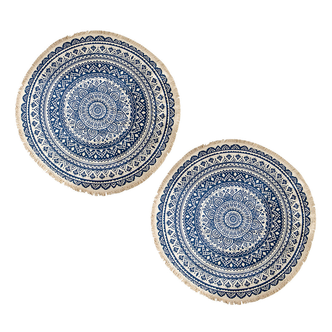 SOGA 2X Dark Blue Carpet Soft Linen Bohemian Non-Slip Floor Retro Minimalist Round Rug Home Decor with Tassels $ 107.90