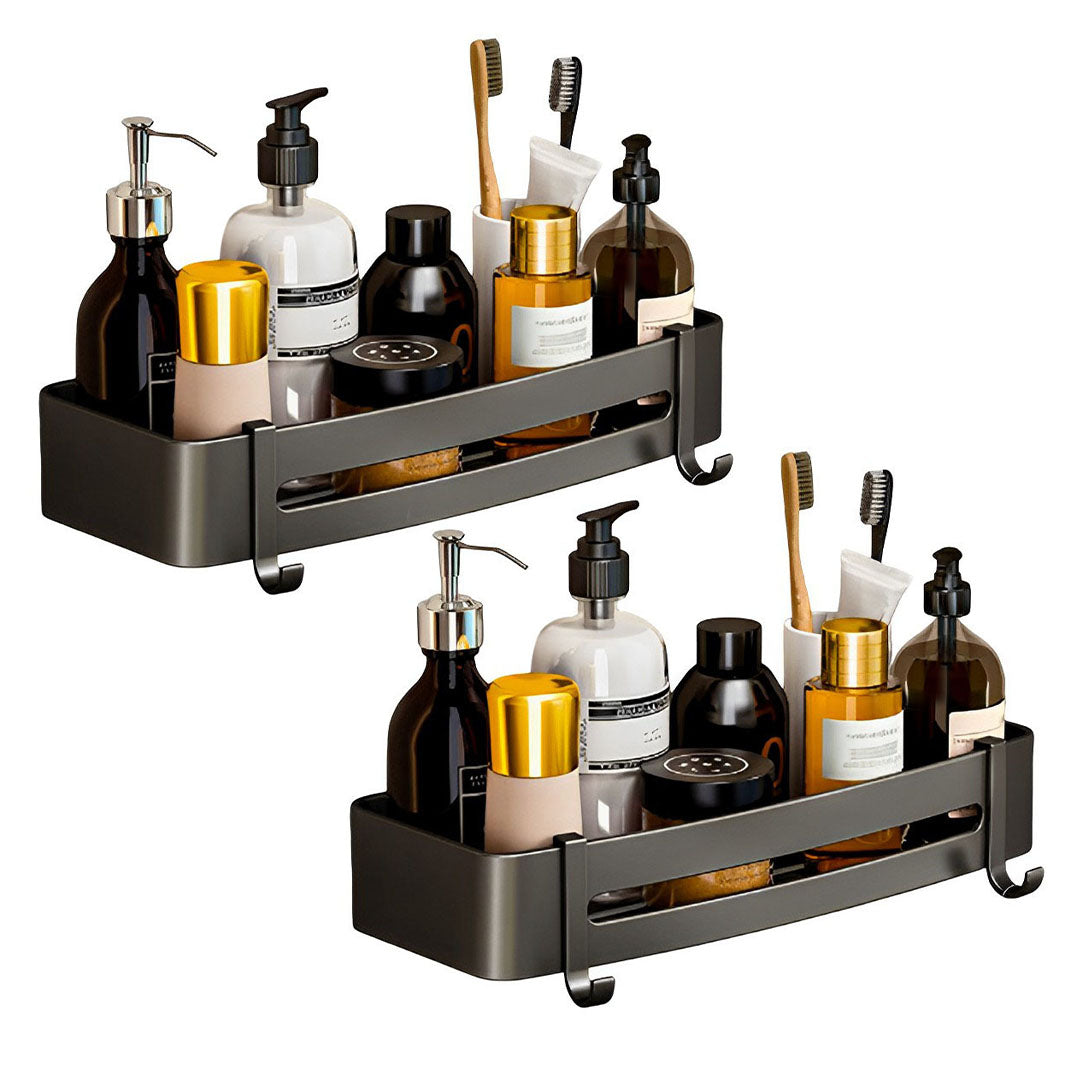 SOGA 2X Black Wall-Mounted Rectangular Bathroom Storage Organiser Space Saving Adhesive Shelf Rack with Hooks $ 82.50