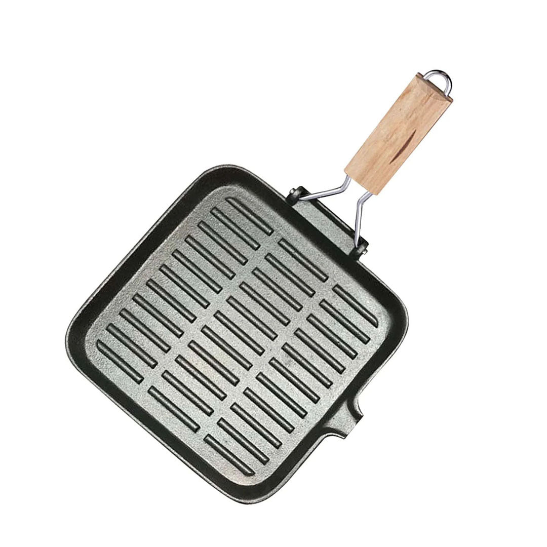 SOGA 24cm Ribbed Cast Iron Square Steak Frying Grill Skillet Pan with Folding Wooden Handle $ 52.50
