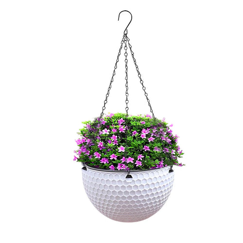 White hanging pot with purple flowers