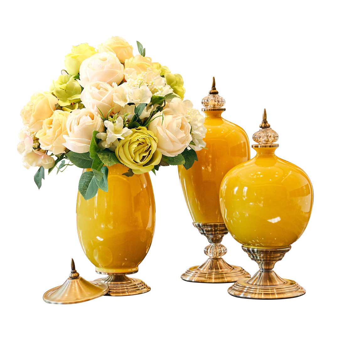 SOGA 3x Ceramic Oval Flower Vase with White Flower Set Yellow $ 477.90