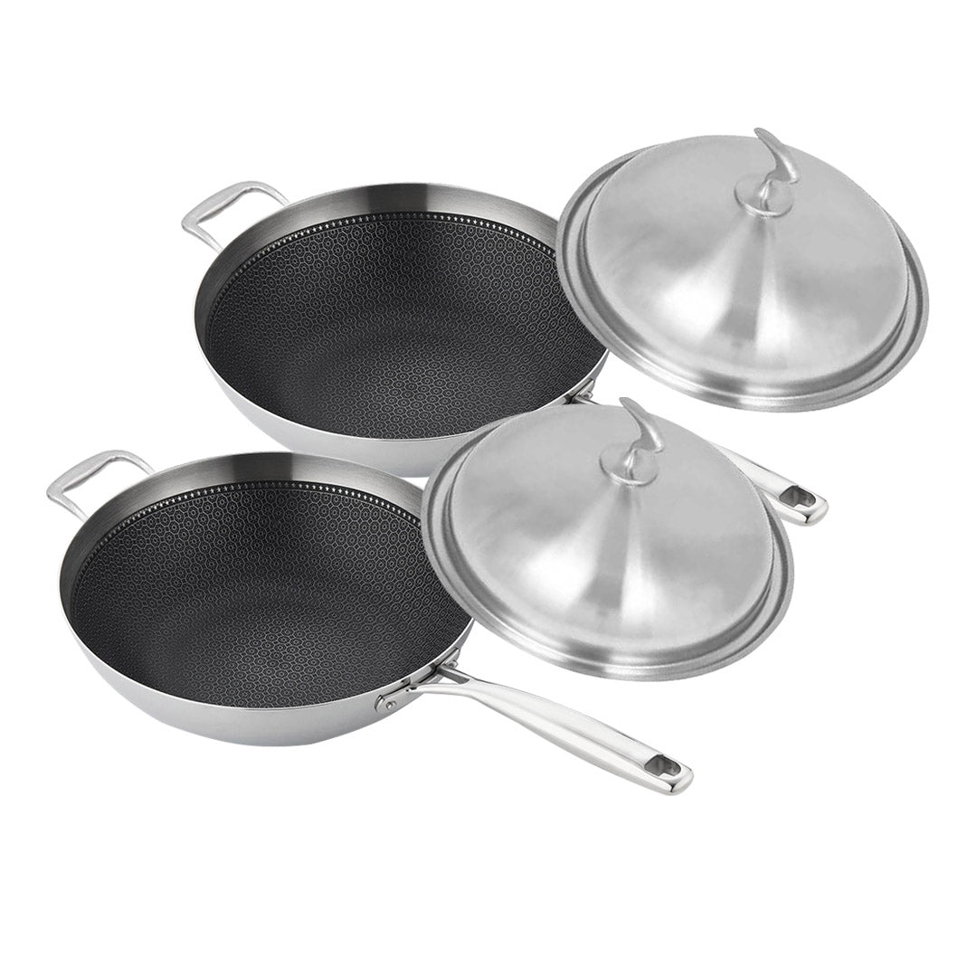 SOGA 2X 18/10 Stainless Steel Fry Pan 34cm Frying Pan Top Grade Textured Non Stick Interior Skillet with Helper Handle and Lid $ 388.50