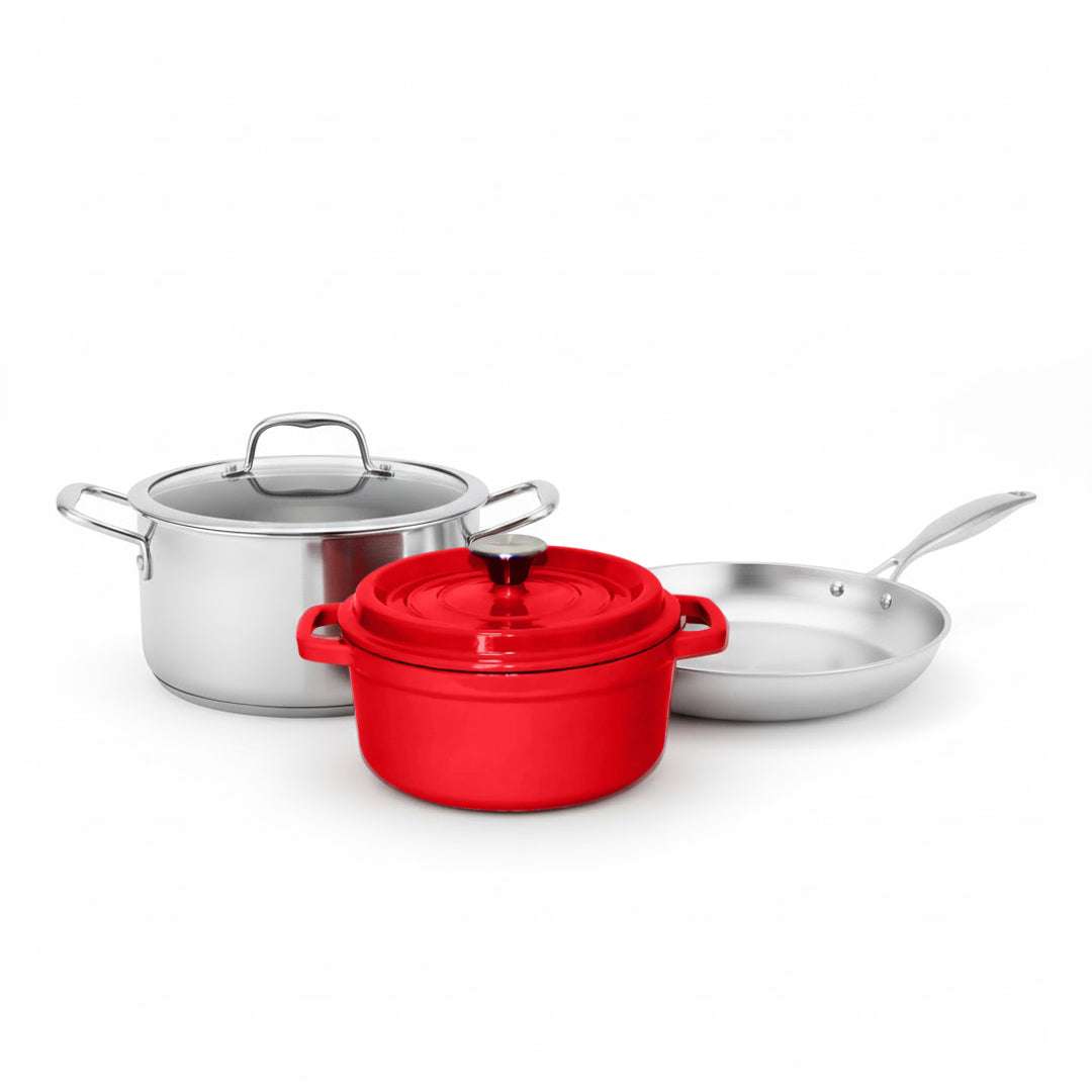 SOGA Kitchenware Bundle – Red Enamel Stewpot, Stainless Steel Fry Pan & Soup Stockpot $ 282