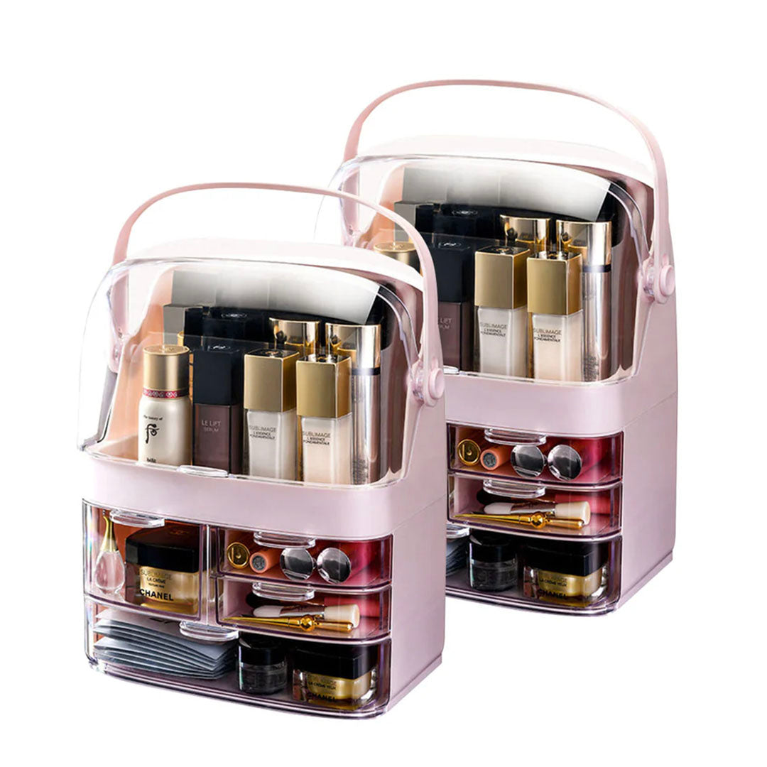 SOGA 2X 3 Tier Pink Countertop Makeup Cosmetic Storage Organizer Skincare Holder Jewelry Storage Box with Handle