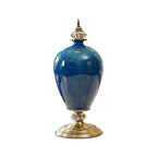 SOGA 42cm Ceramic Oval Flower Vase with Gold Metal Base Dark Blue