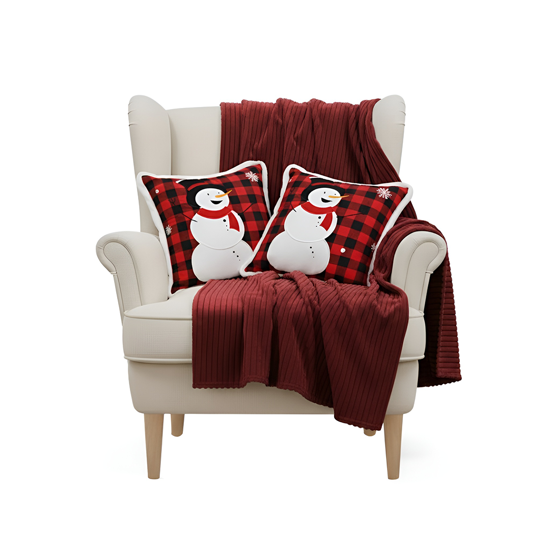 SOGA Christmas Bundle – 2 Red Snowman Holiday Pillow & Burgundy Striped Cozy Throw Blanket $ 136