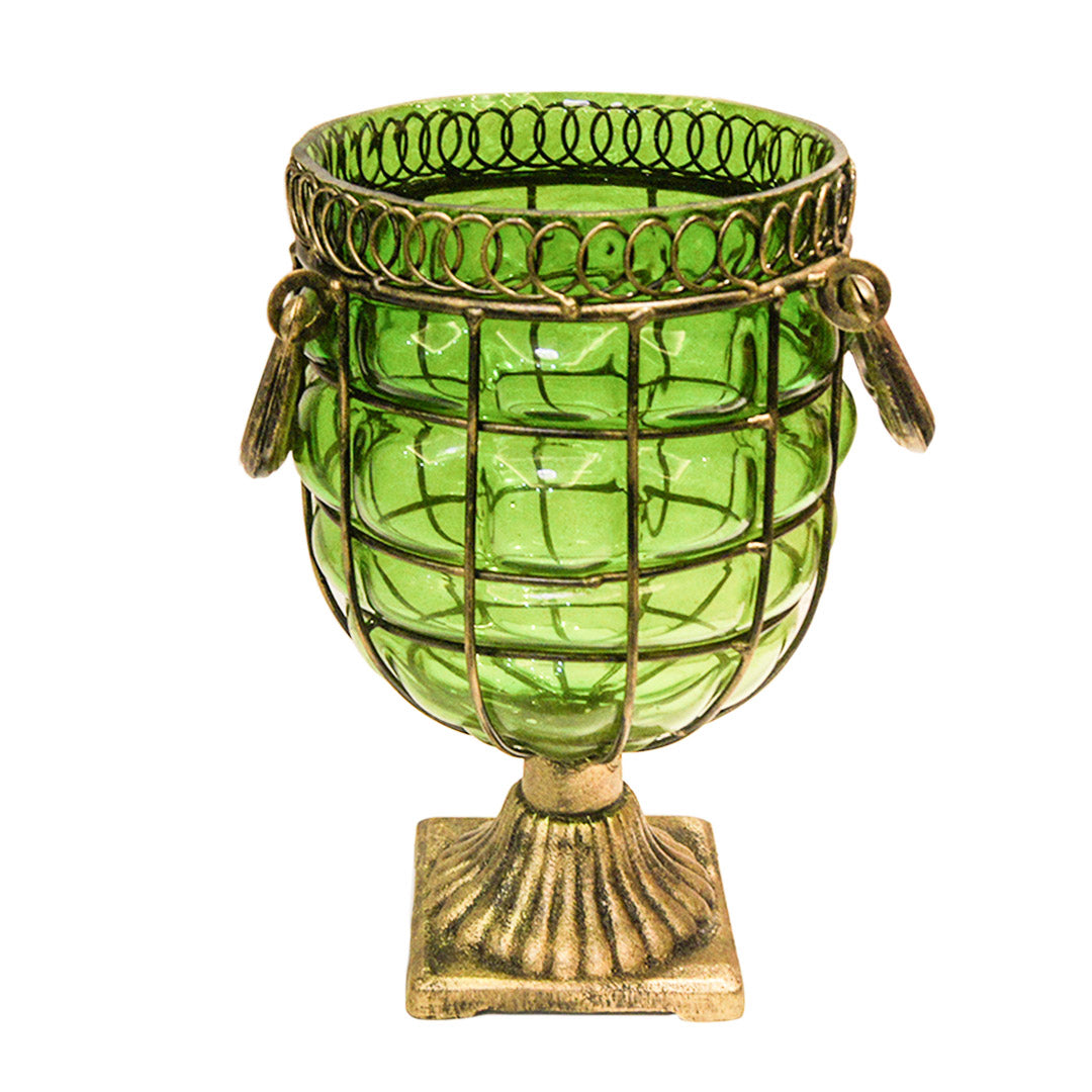 SOGA Green Colored European Glass Jar Flower Vase Solid Base with Metal Handle $ 111.50