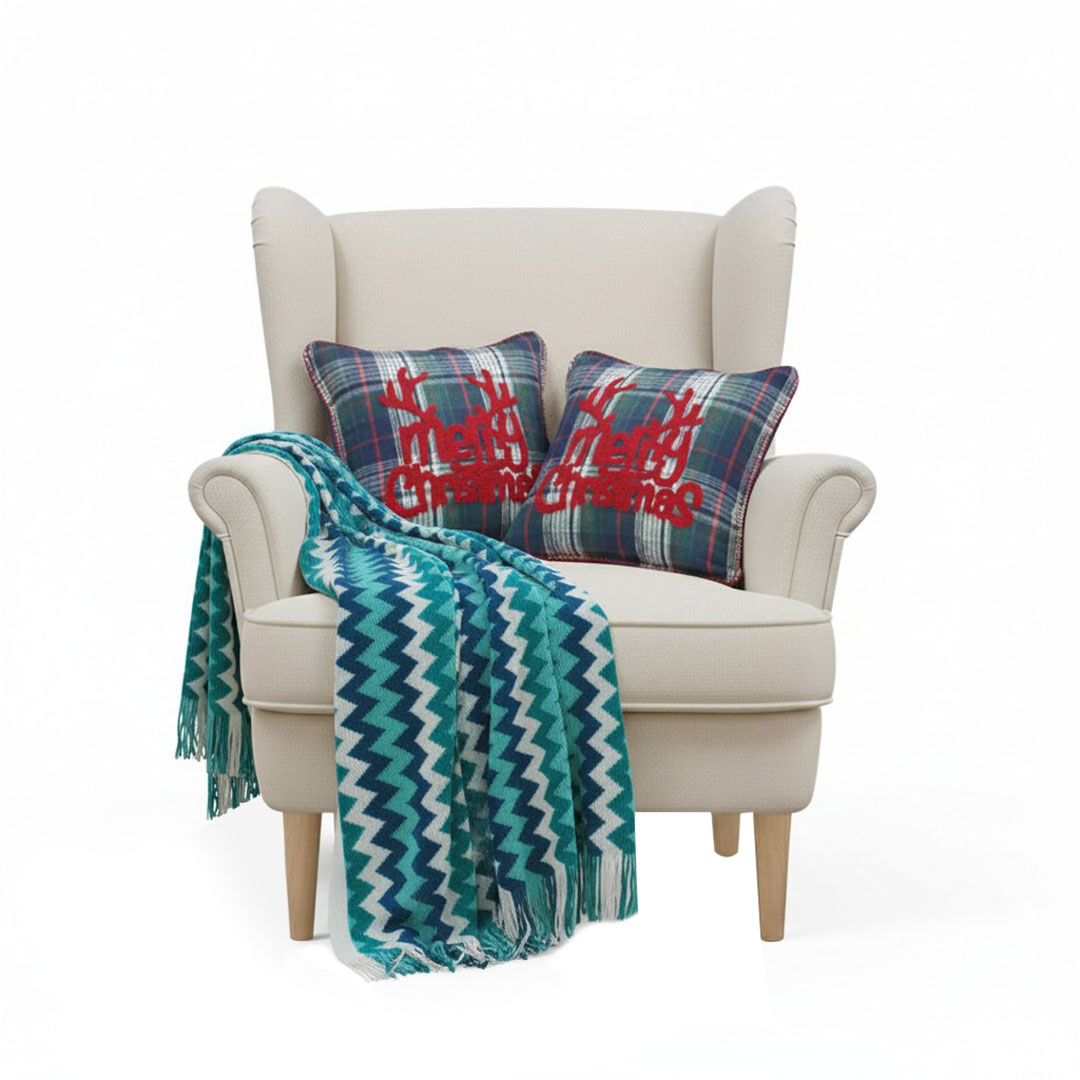 SOGA Christmas Bundle – 2 Multicolor Plaid Antler Pillow & Blue Zigzag Knitted Throw Blanket $ 175