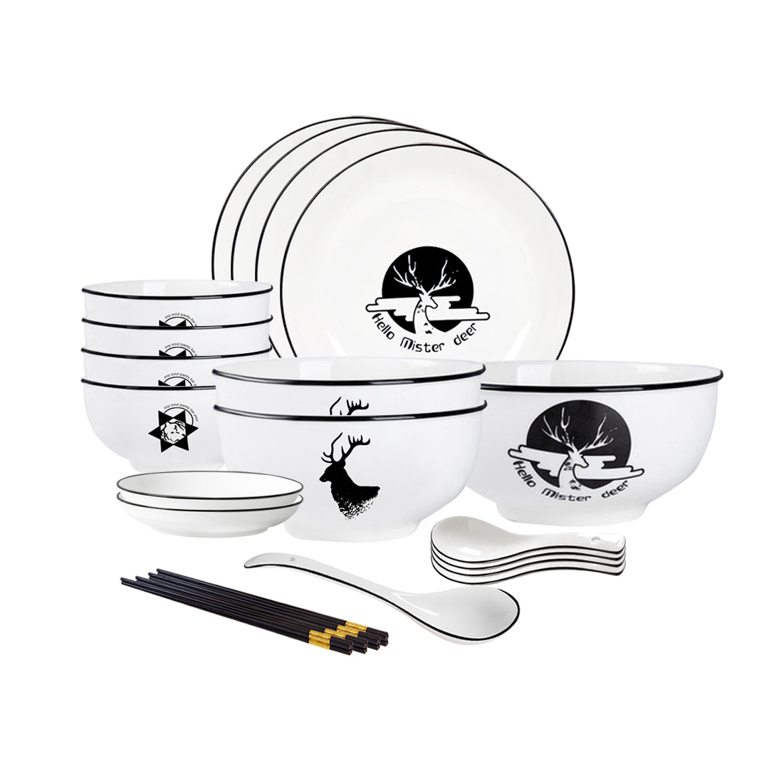 SOGA White Antler Printed Ceramic Dinnerware Set Crockery Soup Bowl Plate Server Kitchen Home Decor Set of 13 $ 97.90