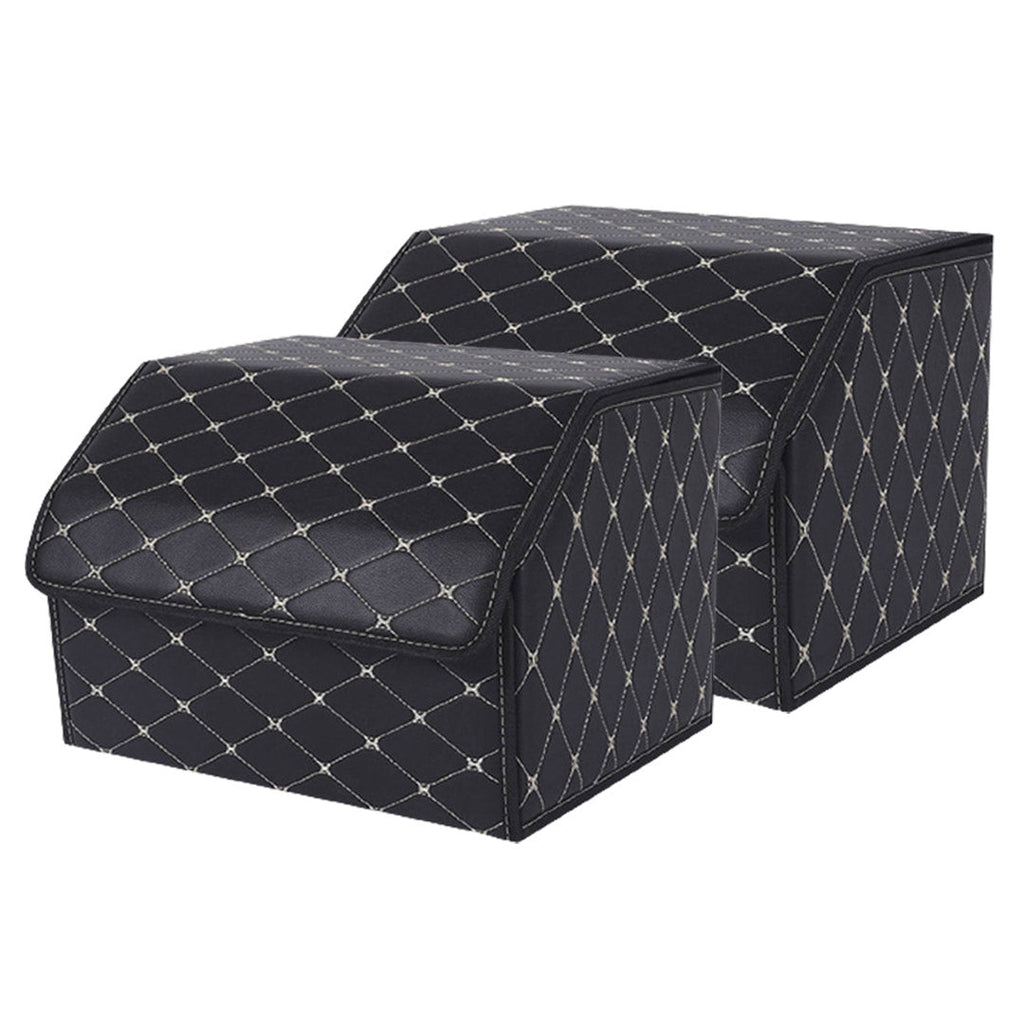 SOGA 2X Leather Car Boot Collapsible Foldable Trunk Cargo Organizer Portable Storage Box Black/Gold Stitch Medium $ 86.50