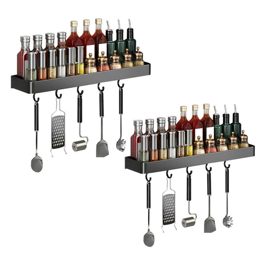 SOGA 2X 30cm Black Wall-Mounted Rectangular Kitchen Spice Storage Organiser Space Saving Condiments Shelf Rack with Hooks