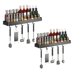 SOGA 2X 30cm Black Wall-Mounted Rectangular Kitchen Spice Storage Organiser Space Saving Condiments Shelf Rack with Hooks