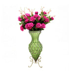 SOGA 67cm Green Glass Tall Floor Vase and 12pcs Dark Pink Artificial Fake Flower Set