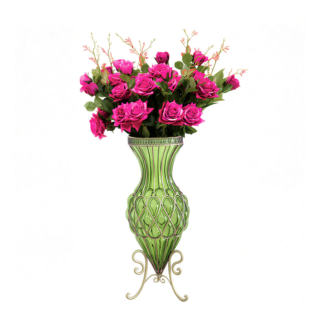 SOGA 67cm Green Glass Tall Floor Vase and 12pcs Dark Pink Artificial Fake Flower Set