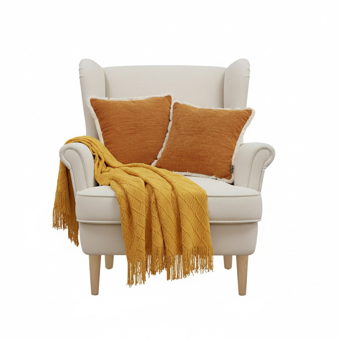 SOGA Home & Living Bundle – 2 Sunset Orange Chenille Pillow & Yellow Diamond Knitted Blanket