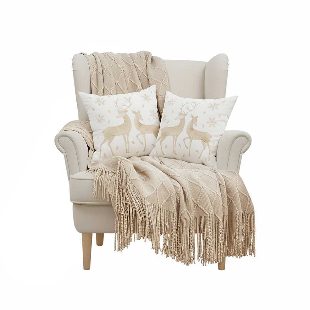 SOGA Christmas Bundle – 2 White Gold Reindeer Throw Pillows & Beige Diamond Throw Blanket $ 157
