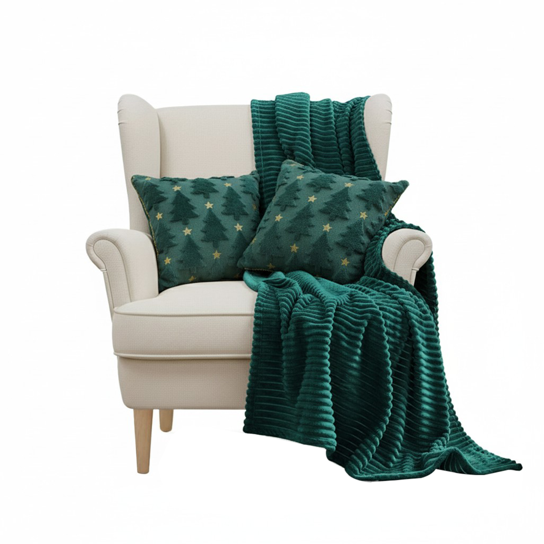 SOGA Christmas Bundle – 2 Teal Christmas Tree Pillow & Dark Green Cozy Striped Throw Blanket $ 178