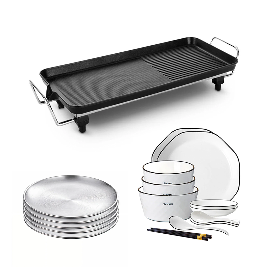 SOGA Kitchenware Bundle – Electric BBQ Teppanyaki Grill, Diamond Ceramic Dinnerware & Silver Grilling Plate