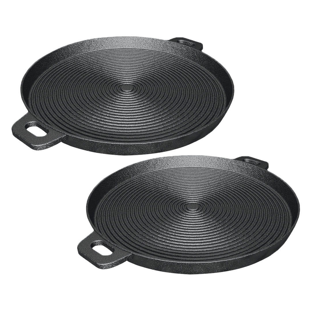 SOGA 2X 35cm Round Ribbed Cast Iron Frying Pan Skillet Steak Sizzle Platter with Handle $ 122.90