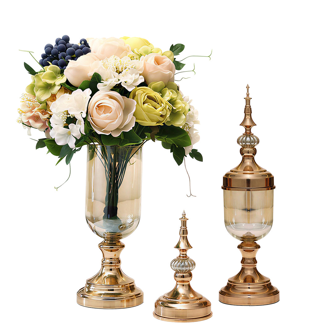 SOGA 2 x Clear Glass Flower Vase with Lid and White Flower Filler Vase Gold Set