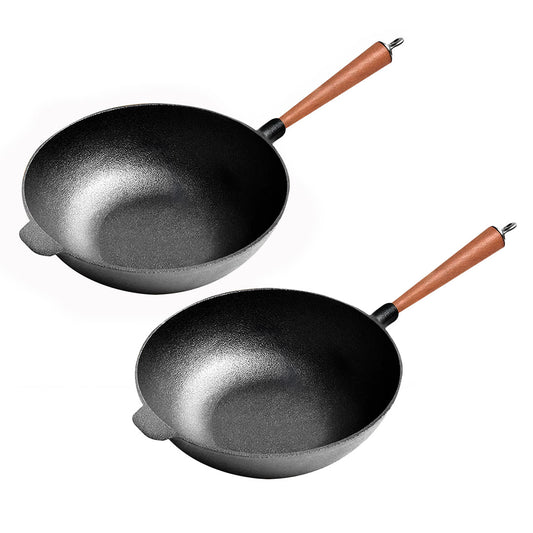 SOGA 2X 31cm Commercial Cast Iron Wok Round Bottom FryPan Home Cooking Skillet