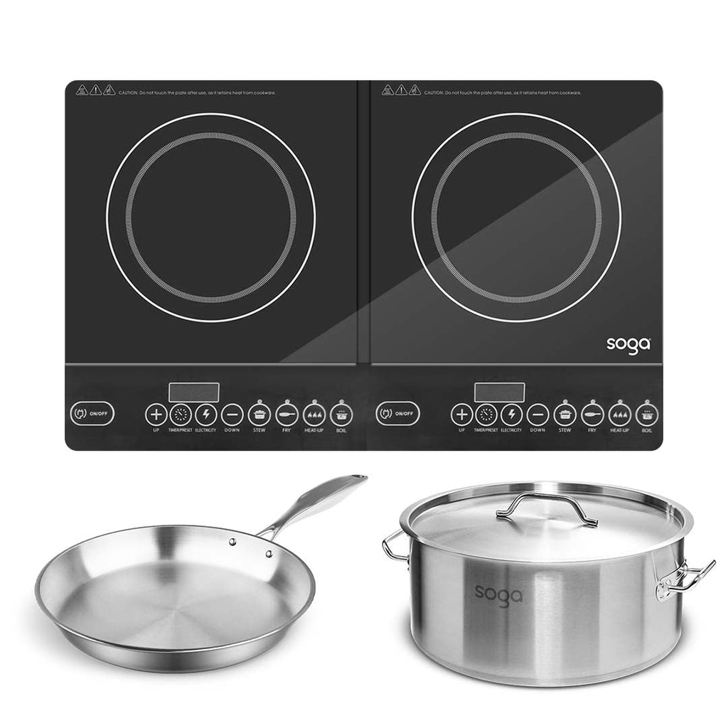 SOGA Dual Burners Cooktop Stove 17L Stainless Steel Stockpot 28cm and 30cm Induction Fry Pan $ 407.50