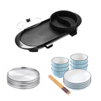 SOGA Kitchenware Bundle – 2-in-1 Electric BBQ Teppanyaki Grill, Blue Ceramic Dinnerware & Silver Grilling Plate