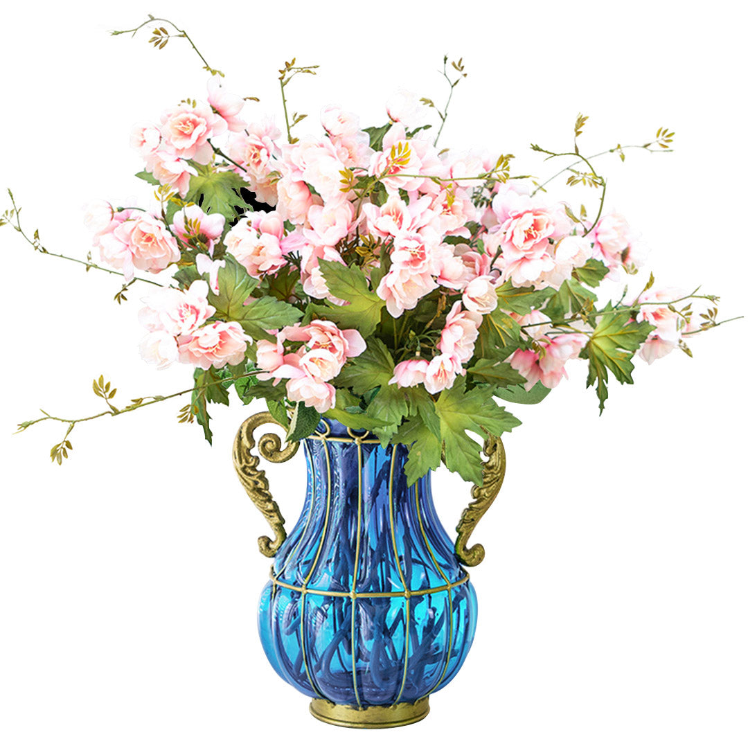 SOGA Blue Colored Glass Flower Vase with 8 Bunch 3 Heads Artificial Fake Silk Hibiscus Home Decor Set $ 232.50