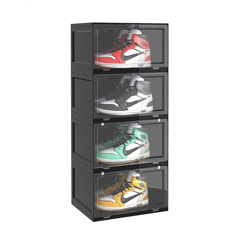 SOGA 4 Tier Black Portable Shoe Organiser Sneaker Footwear Folding Plastic Bin Stackable Storage Box with Magnetic Door
