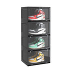 SOGA 4 Tier Black Portable Shoe Organiser Sneaker Footwear Folding Plastic Bin Stackable Storage Box with Magnetic Door