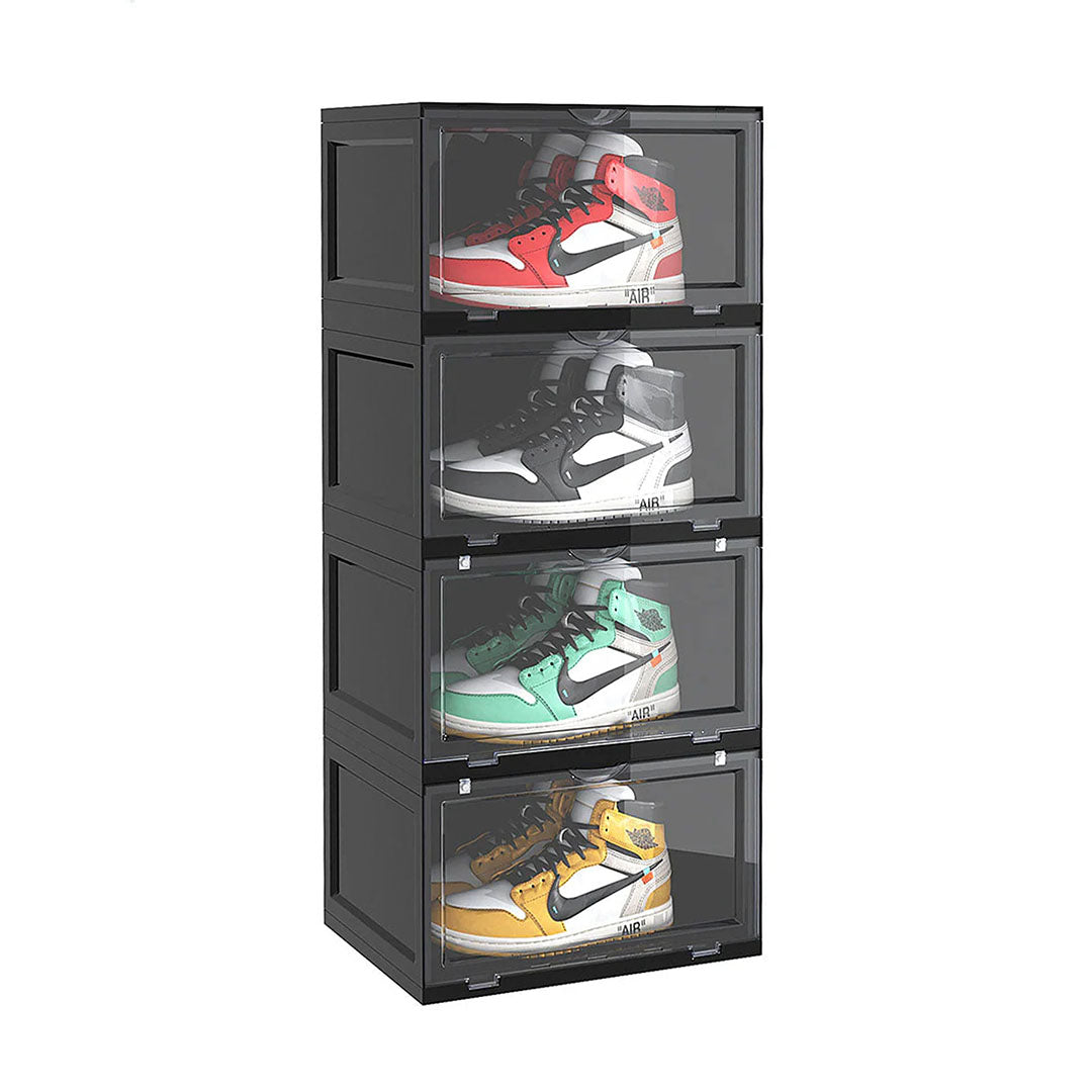 SOGA 4 Tier Black Portable Shoe Organiser Sneaker Footwear Folding Plastic Bin Stackable Storage Box with Magnetic Door