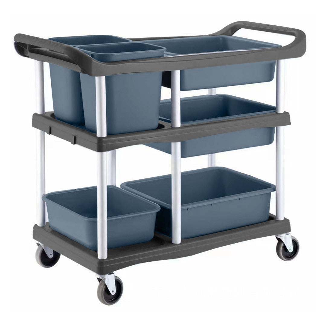 3-tier commercial soiled food trolley with 5 buckets for restaurant dishwashing areas Australia