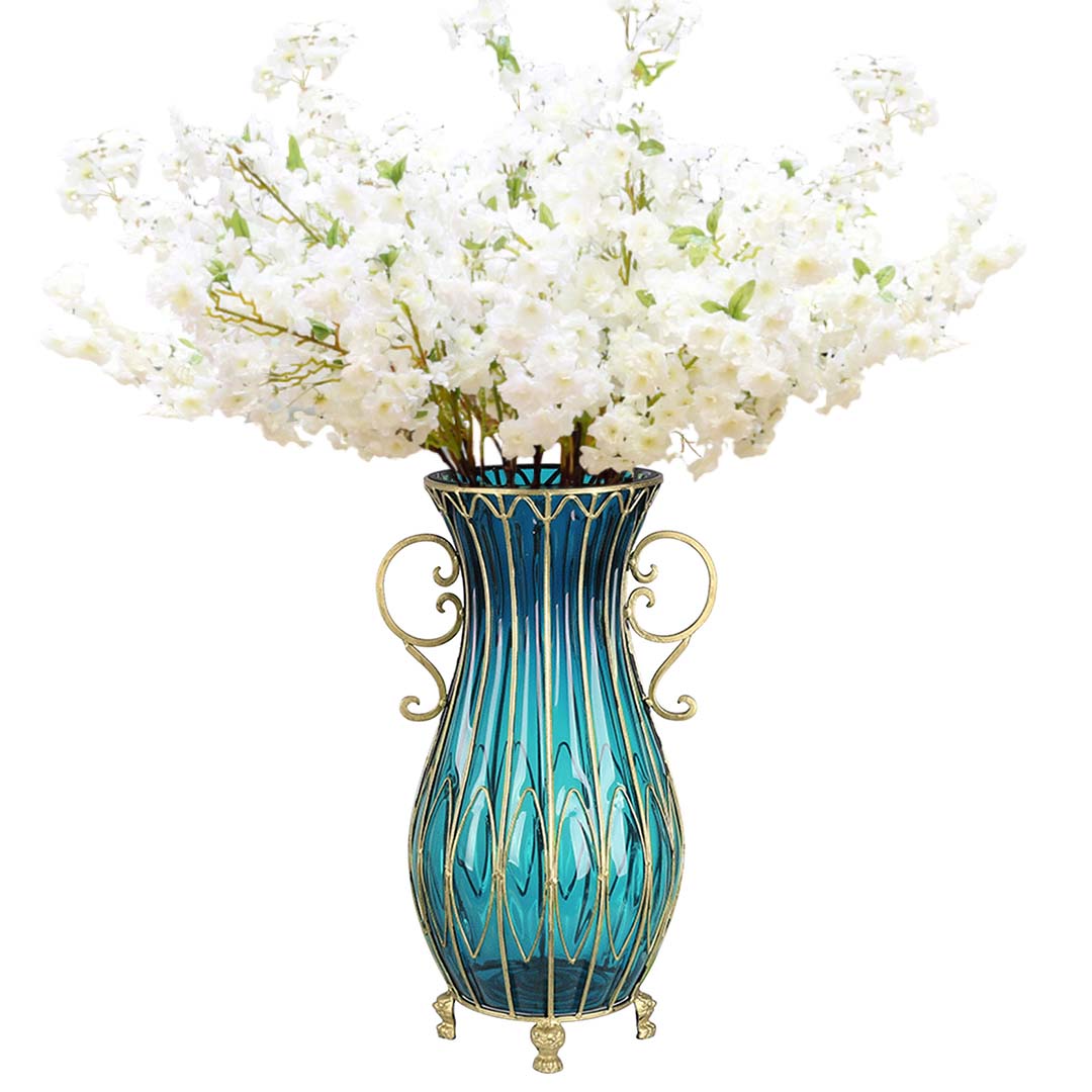 SOGA 51cm Blue Glass Tall Floor Vase and 10pcs White Artificial Fake Flower Set $ 466.90