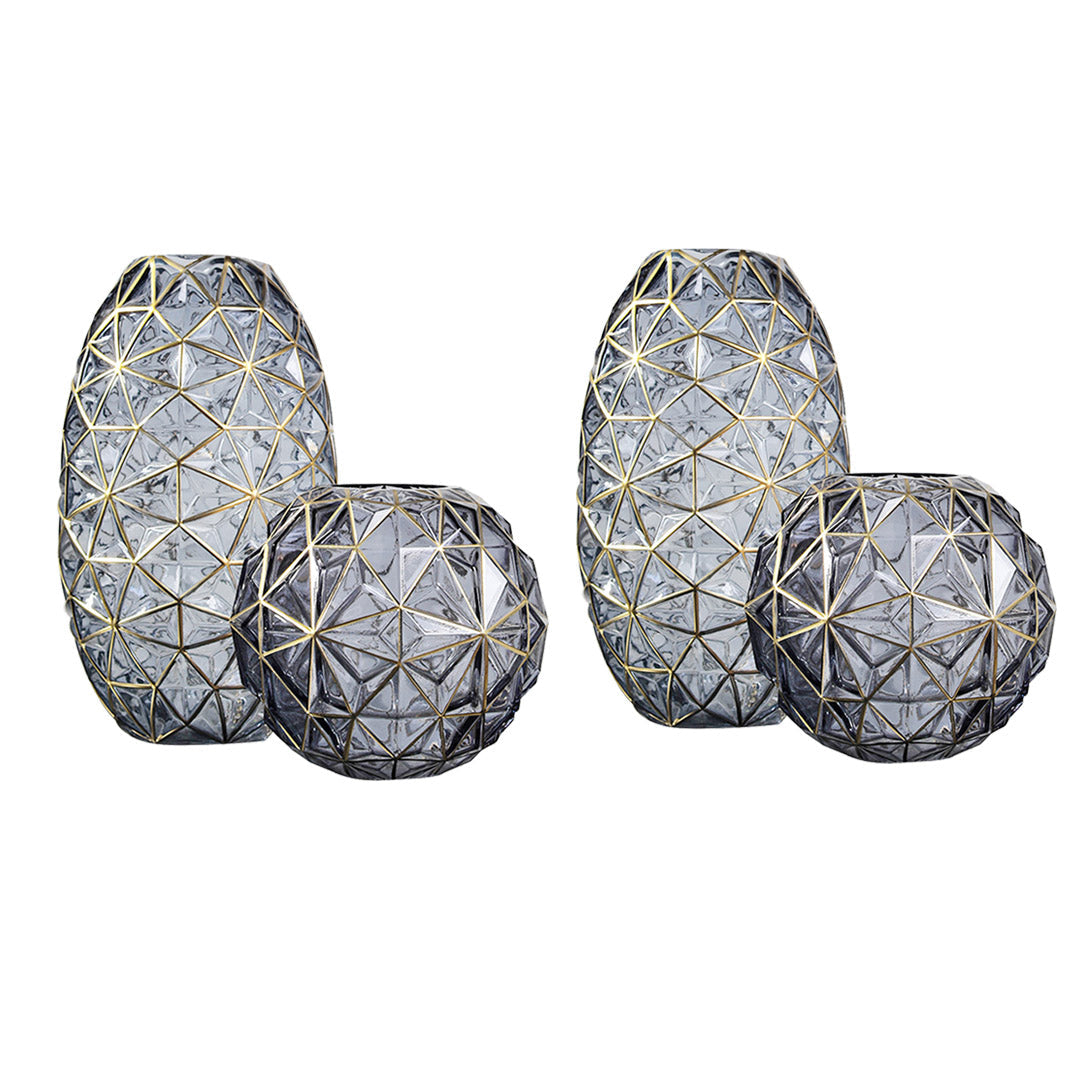 SOGA 2X Grey Colored Diamond Cut Glass Flower Vase Round Jar Home Decor with Gold Accent Large and Medium Set $ 280.90