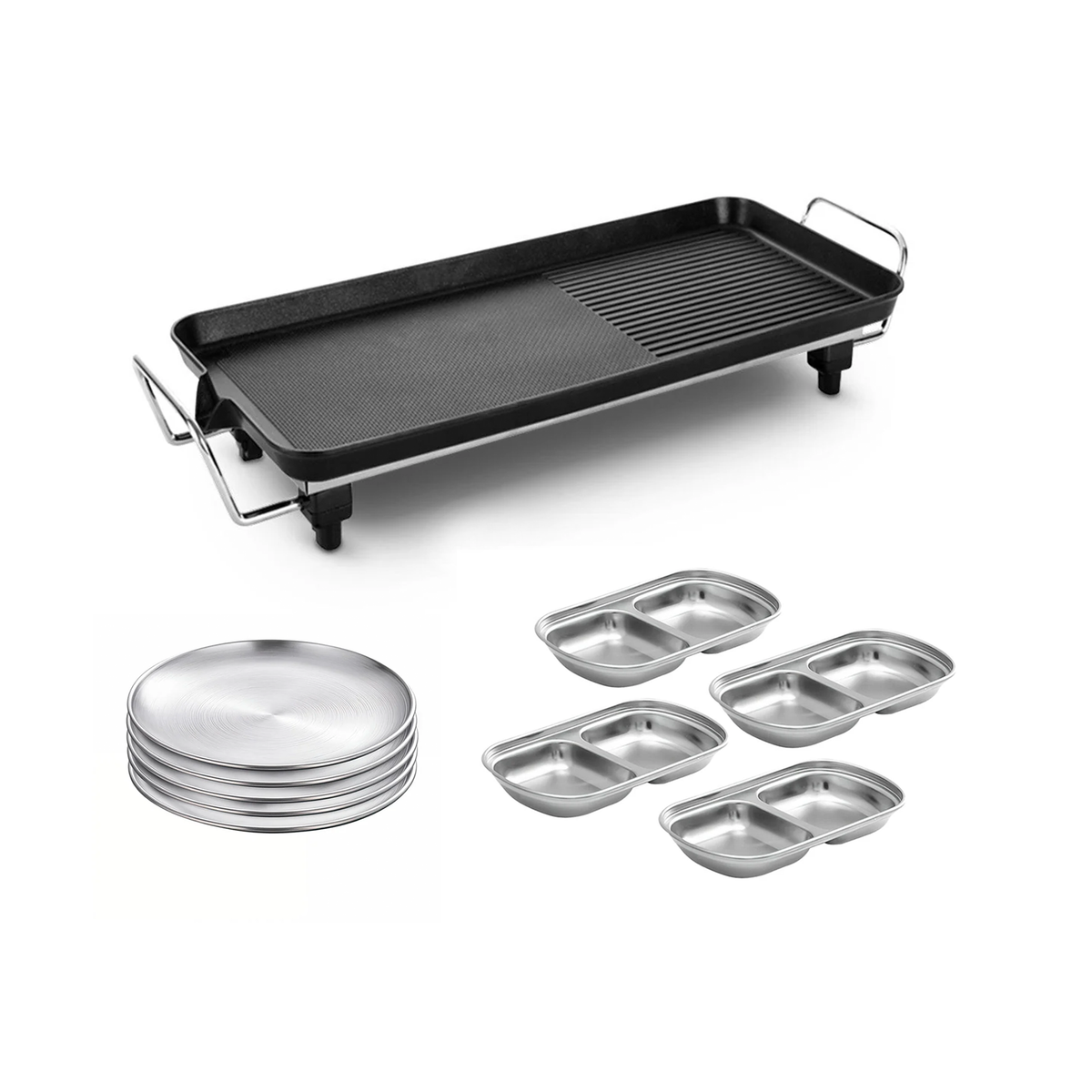 SOGA Kitchenware Bundle – 48cm Electric BBQ Grill with Silver Grilling Plate & Divided Sauce Pan $ 138