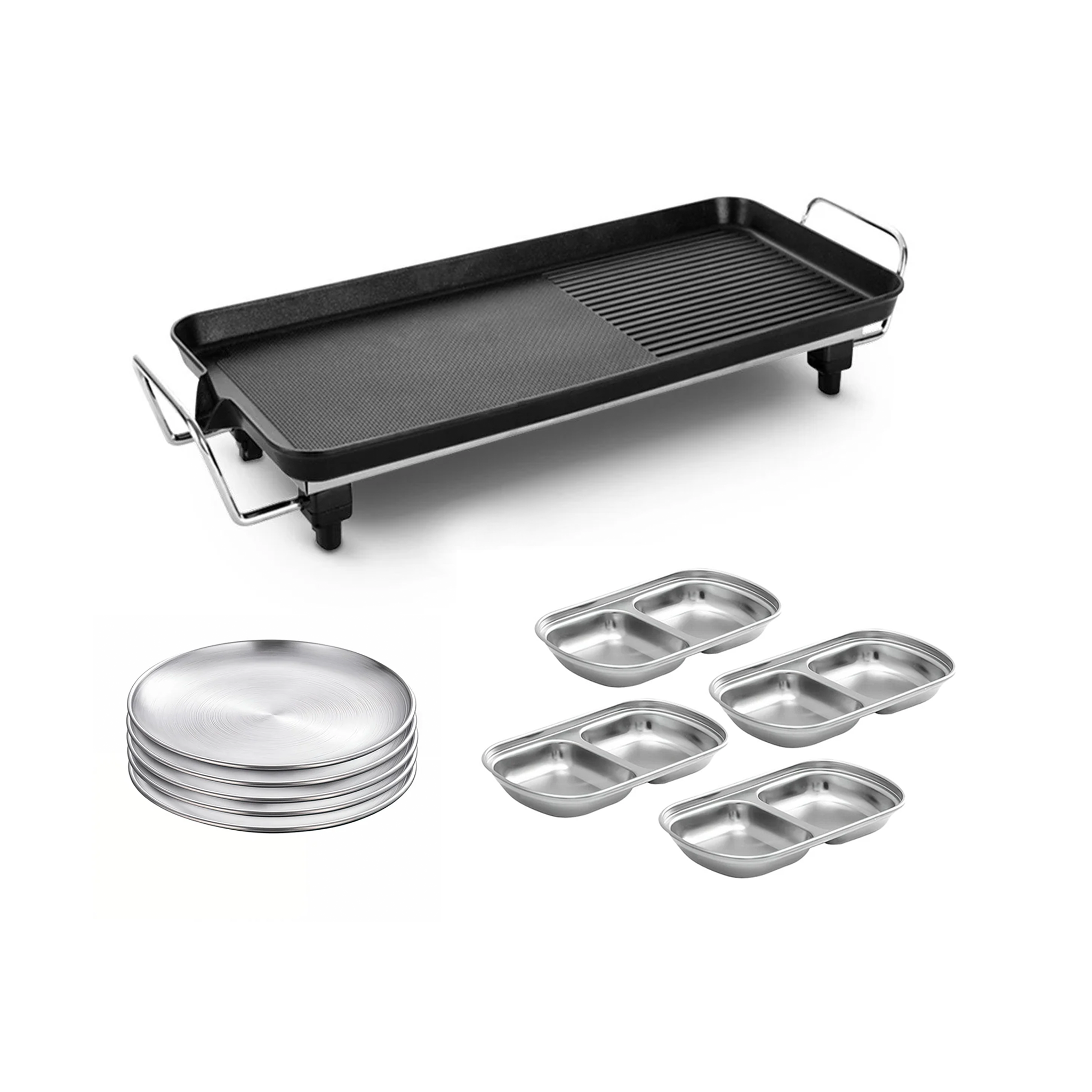 SOGA Kitchenware Bundle – 48cm Electric BBQ Grill with Silver Grilling Plate & Divided Sauce Pan $ 138