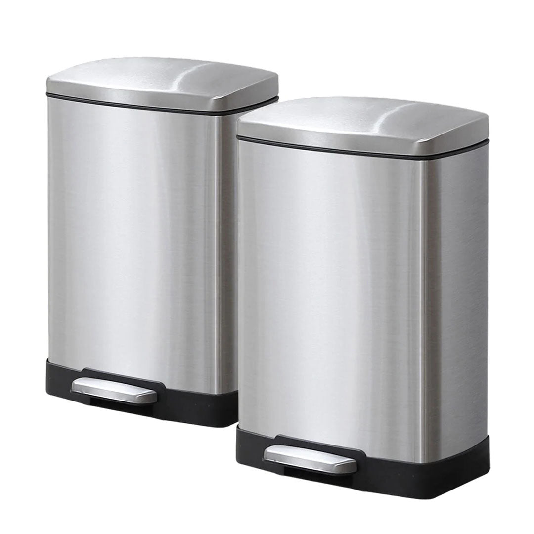 SOGA 2X Foot Pedal Stainless Steel Rubbish Recycling Garbage Waste Trash Bin Rectangular Shape 12L Silver