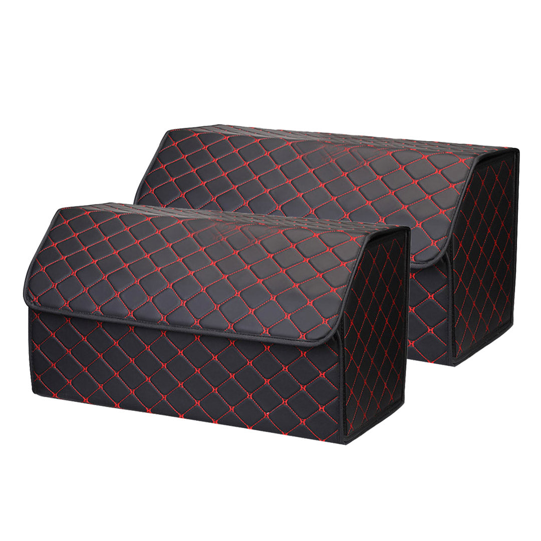 SOGA 2X Leather Car Boot Collapsible Foldable Trunk Cargo Organizer Portable Storage Box Black/Red Stitch Large $ 92.90