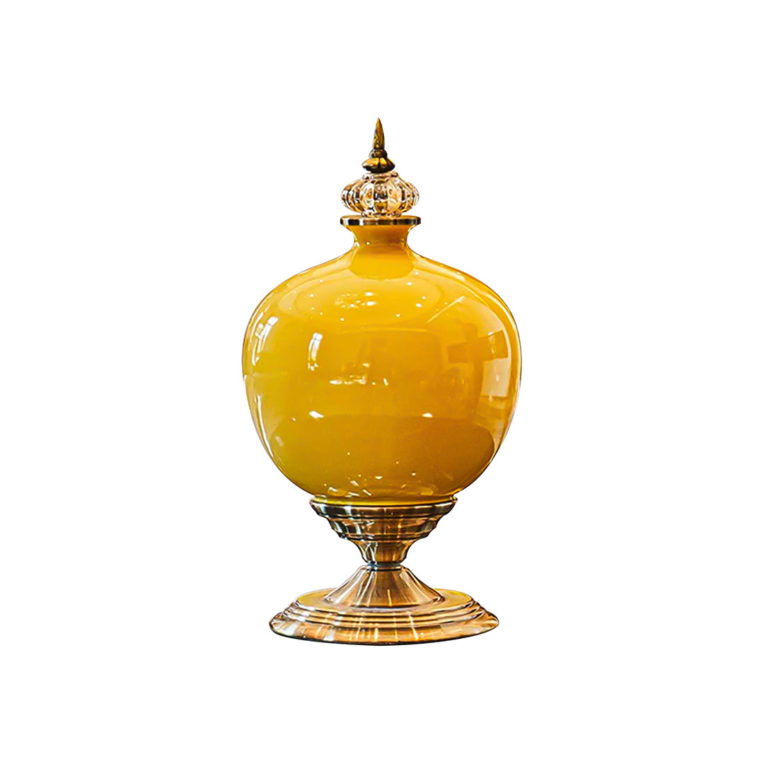 SOGA 38cm Ceramic Oval Flower Vase with Gold Metal Base Yellow