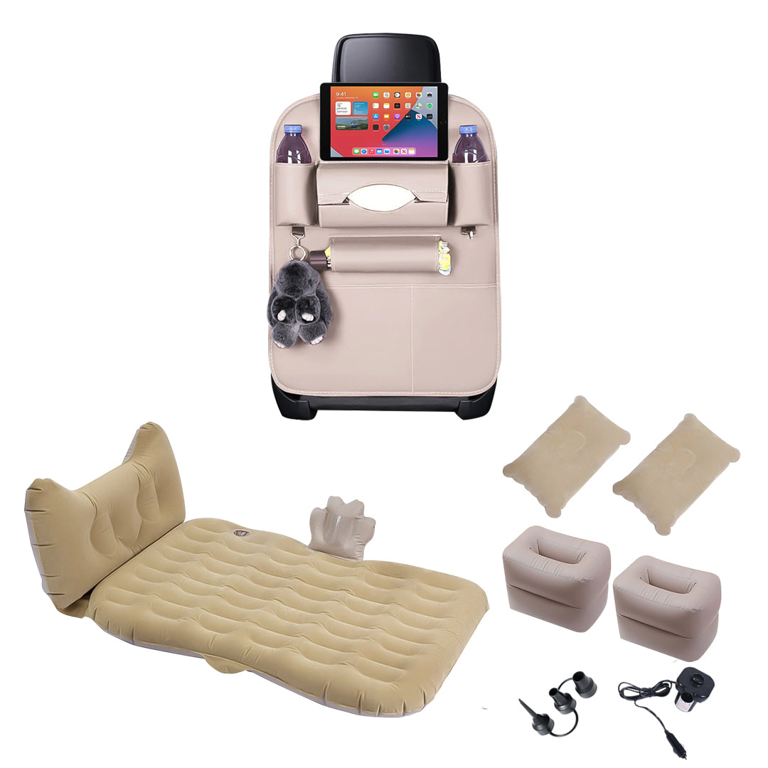 SOGA Car Bundle – White Back Seat Storage Organizer & Beige Honeycomb Inflatable Mattress