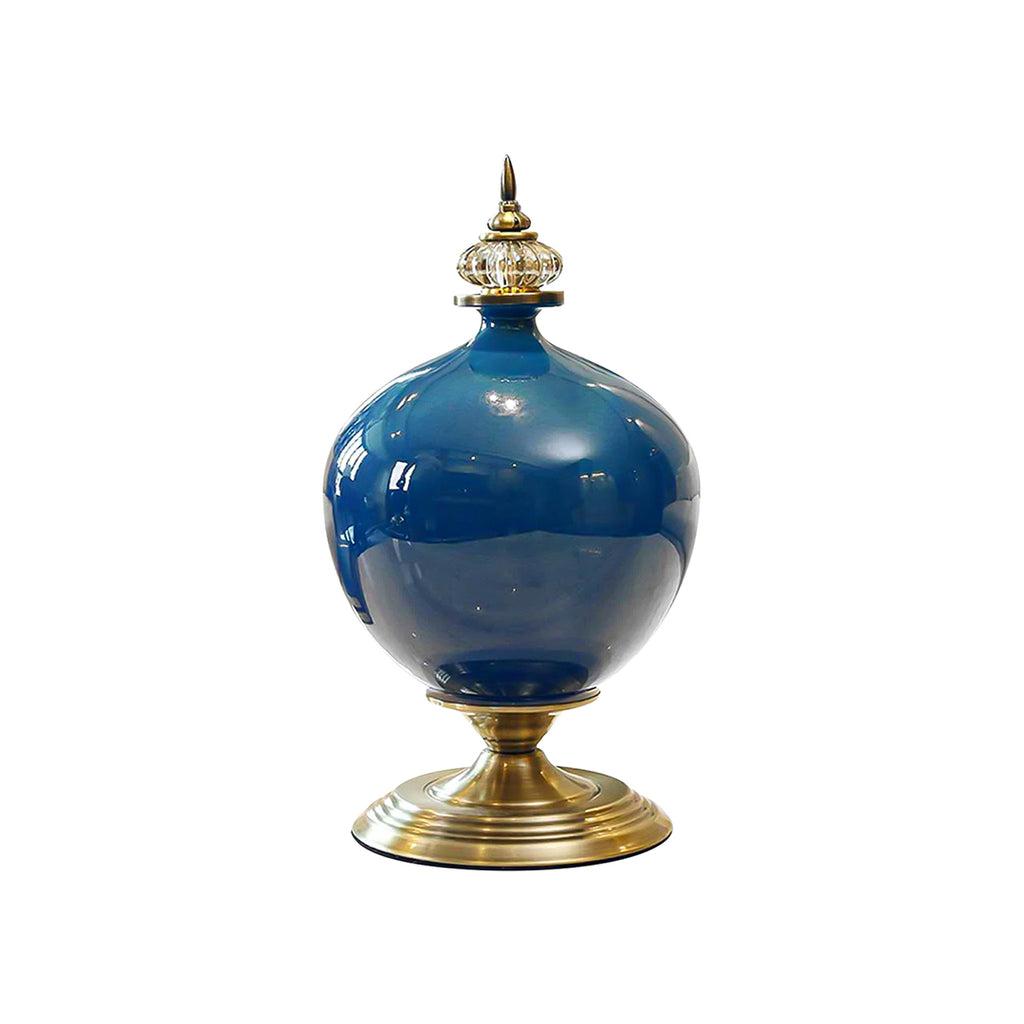 SOGA 38cm Ceramic Oval Flower Vase with Gold Metal Base Dark Blue