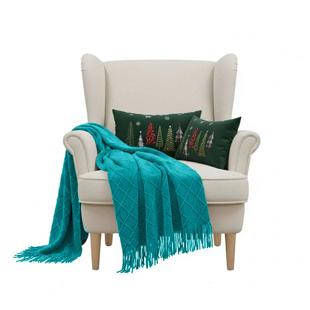 SOGA Christmas Bundle C – 2 Dark Green Christmas Forest Lumbar Pillow & Teal Knitted Throw Blanket