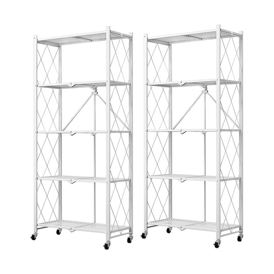 SOGA 2X 5 Tier Steel White Foldable Kitchen Cart Multi-Functional Shelves Storage Organizer with Wheels