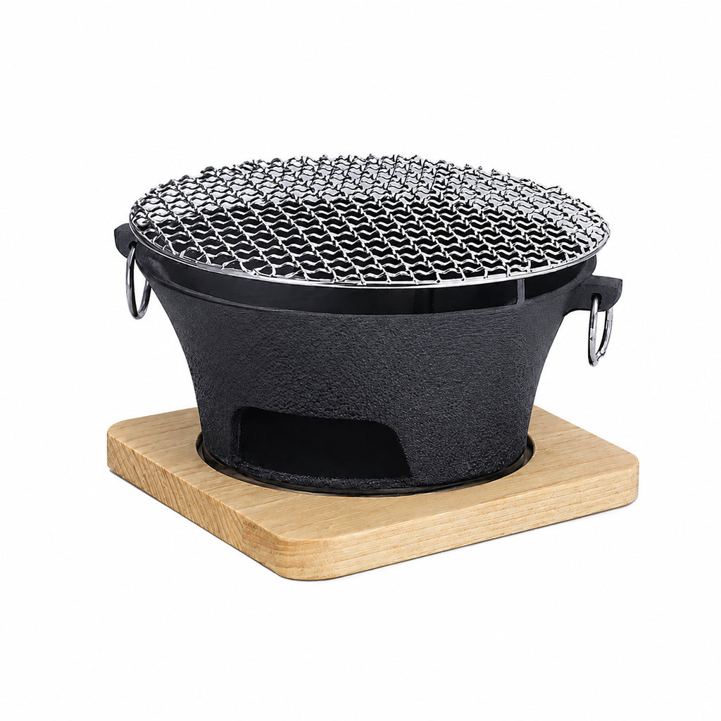 SOGA Small Cast Iron Round Stove Charcoal Table Net Grill Japanese Style BBQ Picnic Camping with Wooden Board