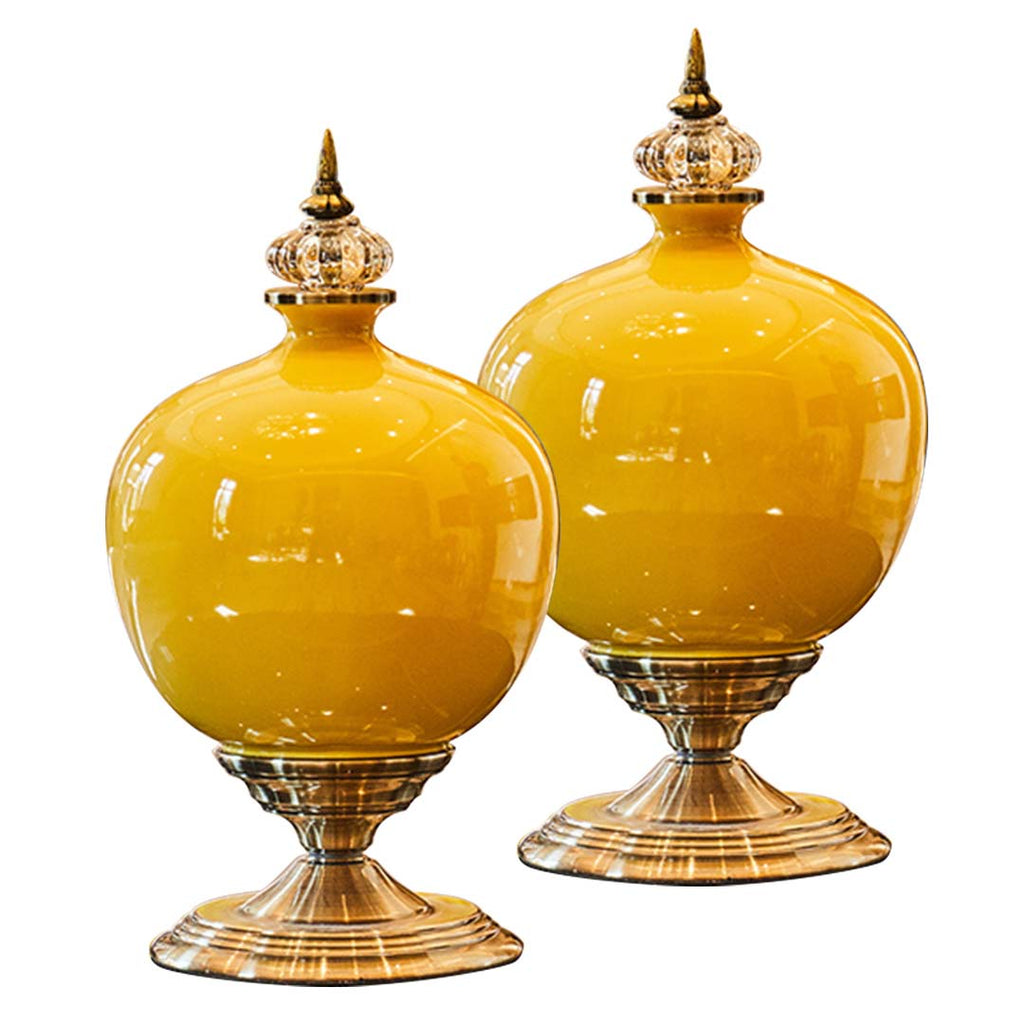 SOGA 2x 38cm Ceramic Oval Flower Vase with Gold Metal Base Yellow $ 360.90