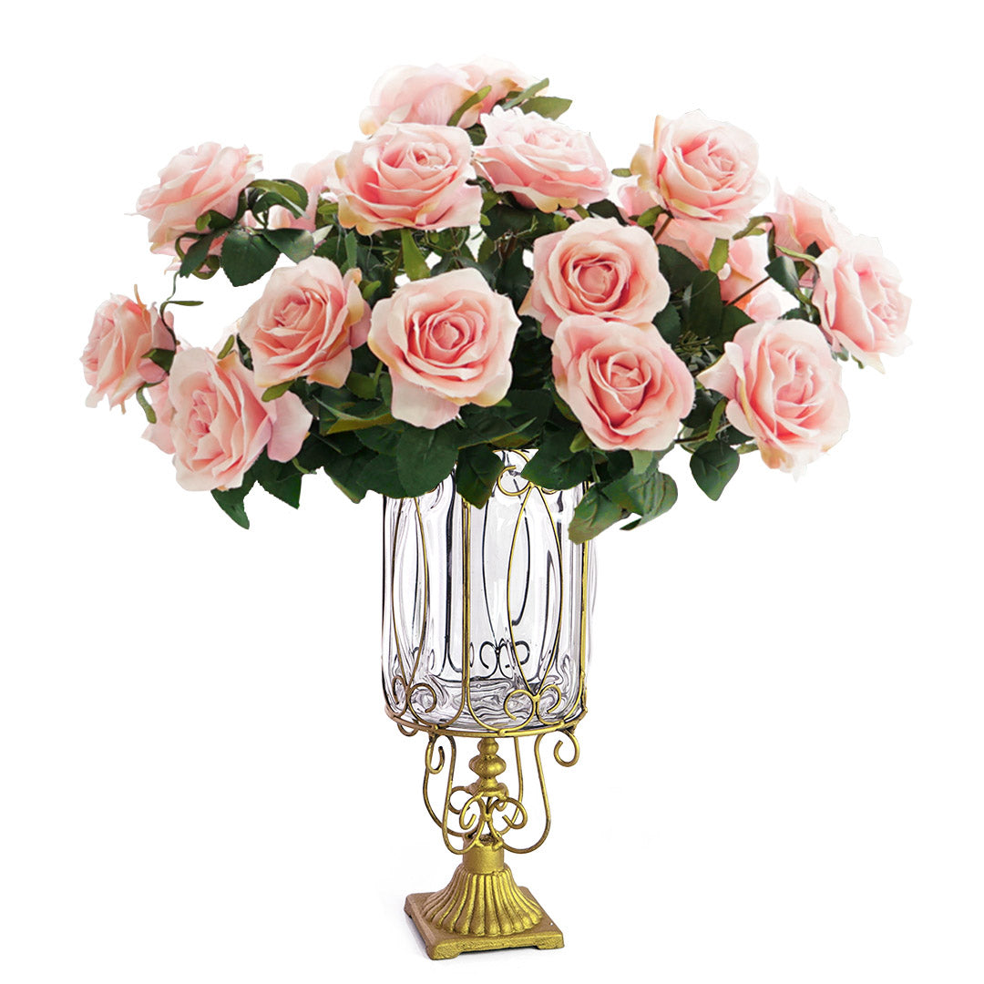 SOGA Clear Glass Cylinder Flower Vase with 4 Bunch 9 Heads Artificial Fake Silk Rose Home Decor Set $ 242.90
