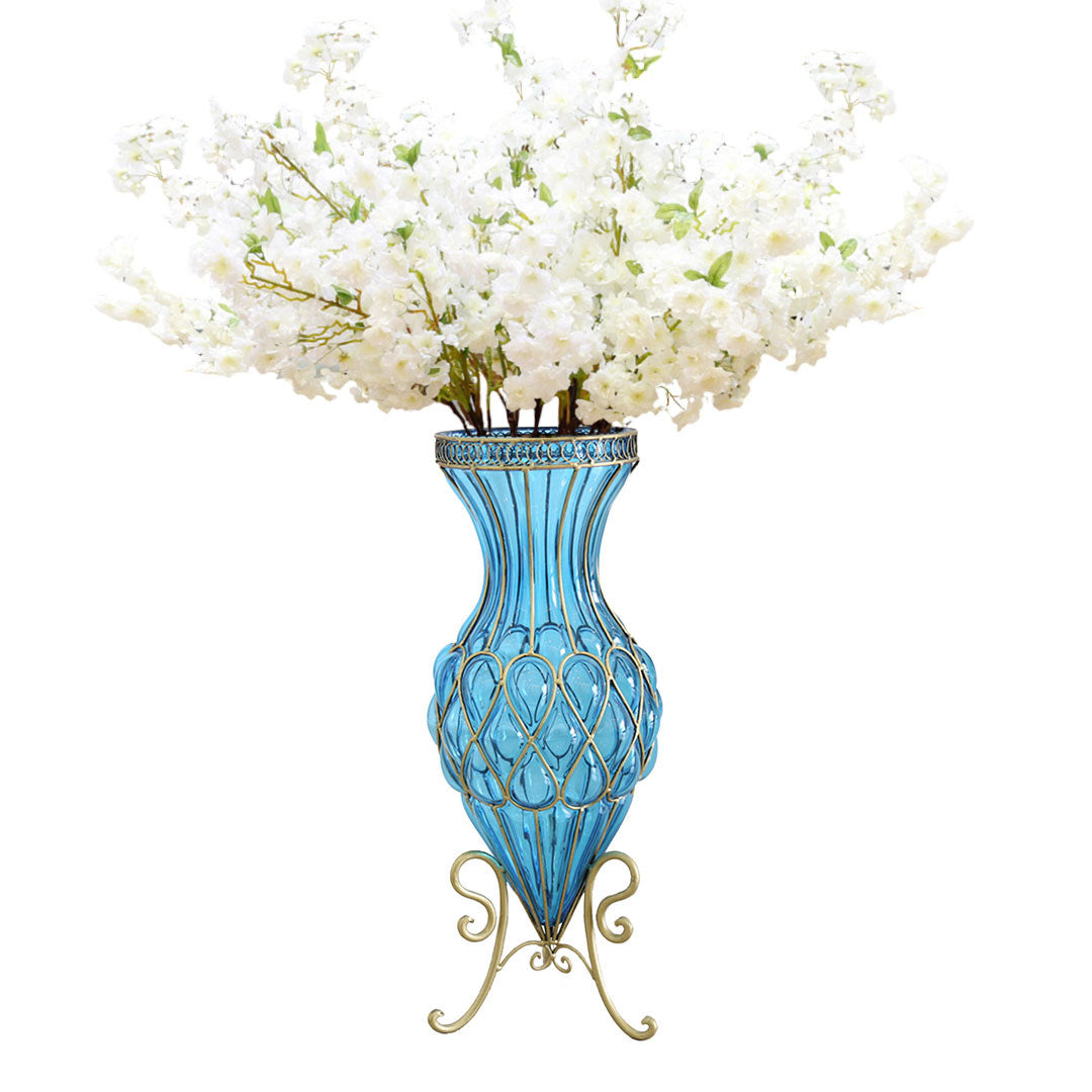 SOGA 67cm Blue Glass Tall Floor Vase with 10pcs White Artificial Fake Flower Set $ 488.90
